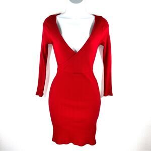 FREE PEOPLE Beach Red Ribbed Surplice Mini Dress NWT Long Sleeve Size XS Bodycon